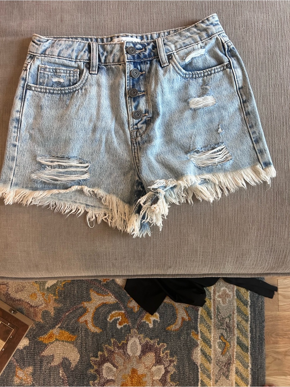 HIDDEN 
High-Rise Light Blue Distressed Denim Shorts with Frayed Hem
